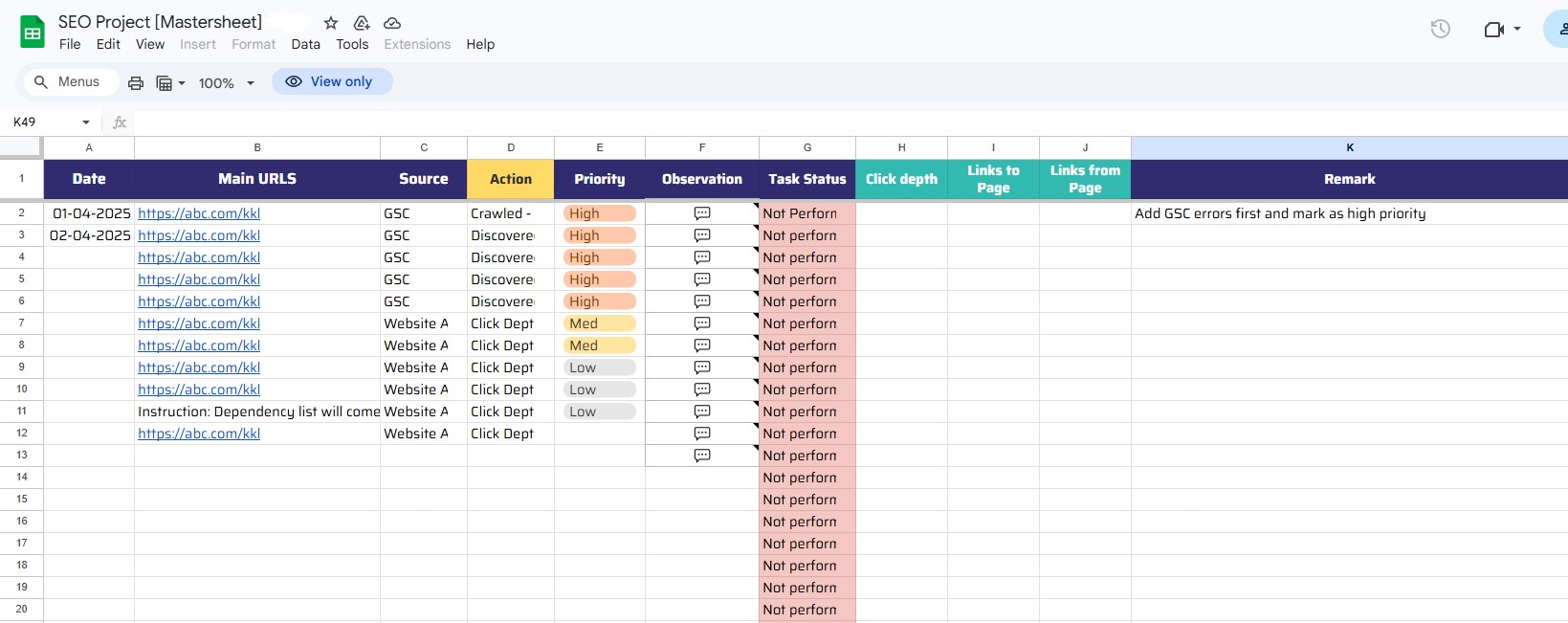 SEO Project Mastersheet -- Technical Audit Worksheet